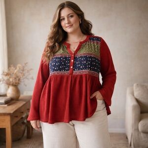 Suzanne Betro Red and Blue Patchwork Blouse